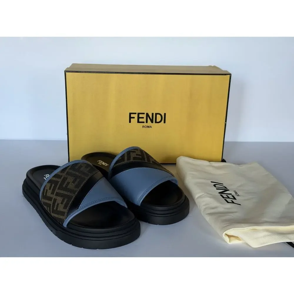 Fendi Men's FF Diagonal Leather/Fabric Slide Sandals 10 US/9 UK 7X1674 NWT $595